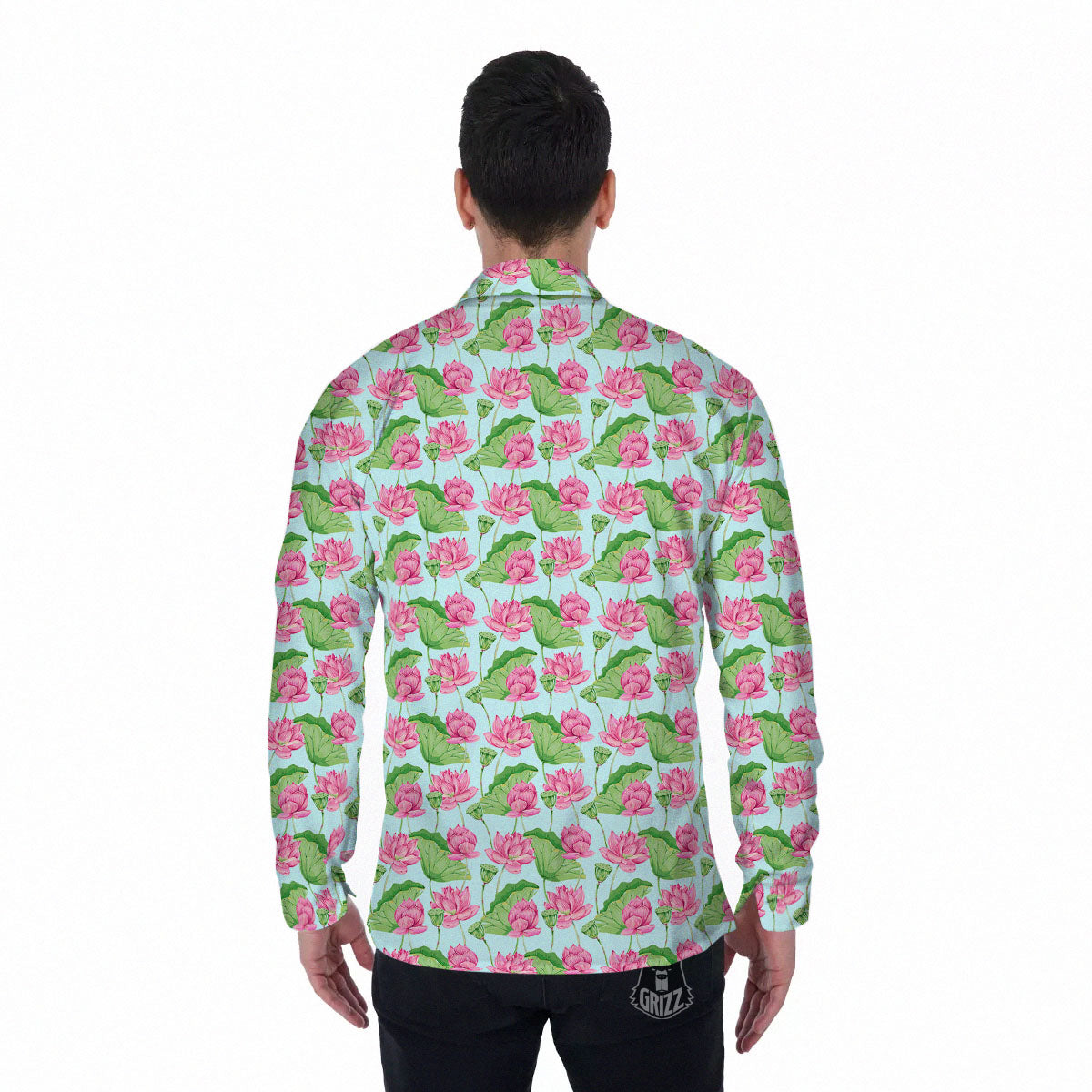 Lotus Leaf And Flower On The Water Print Pattern Men's Long Sleeve Shirts-grizzshop