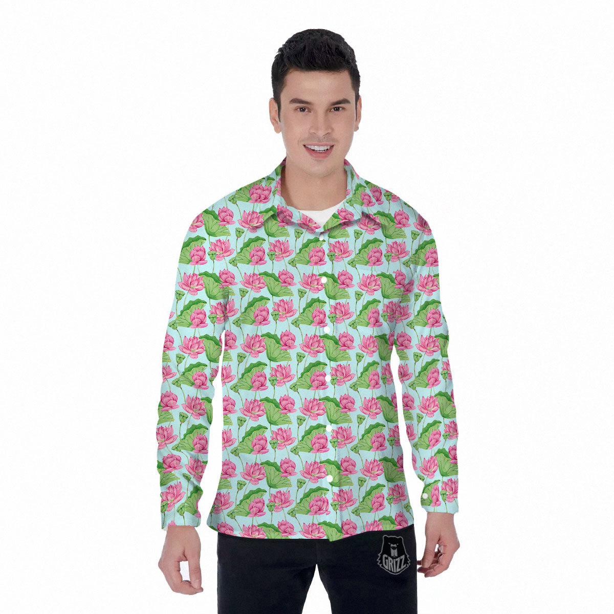 Lotus Leaf And Flower On The Water Print Pattern Men's Long Sleeve Shirts-grizzshop