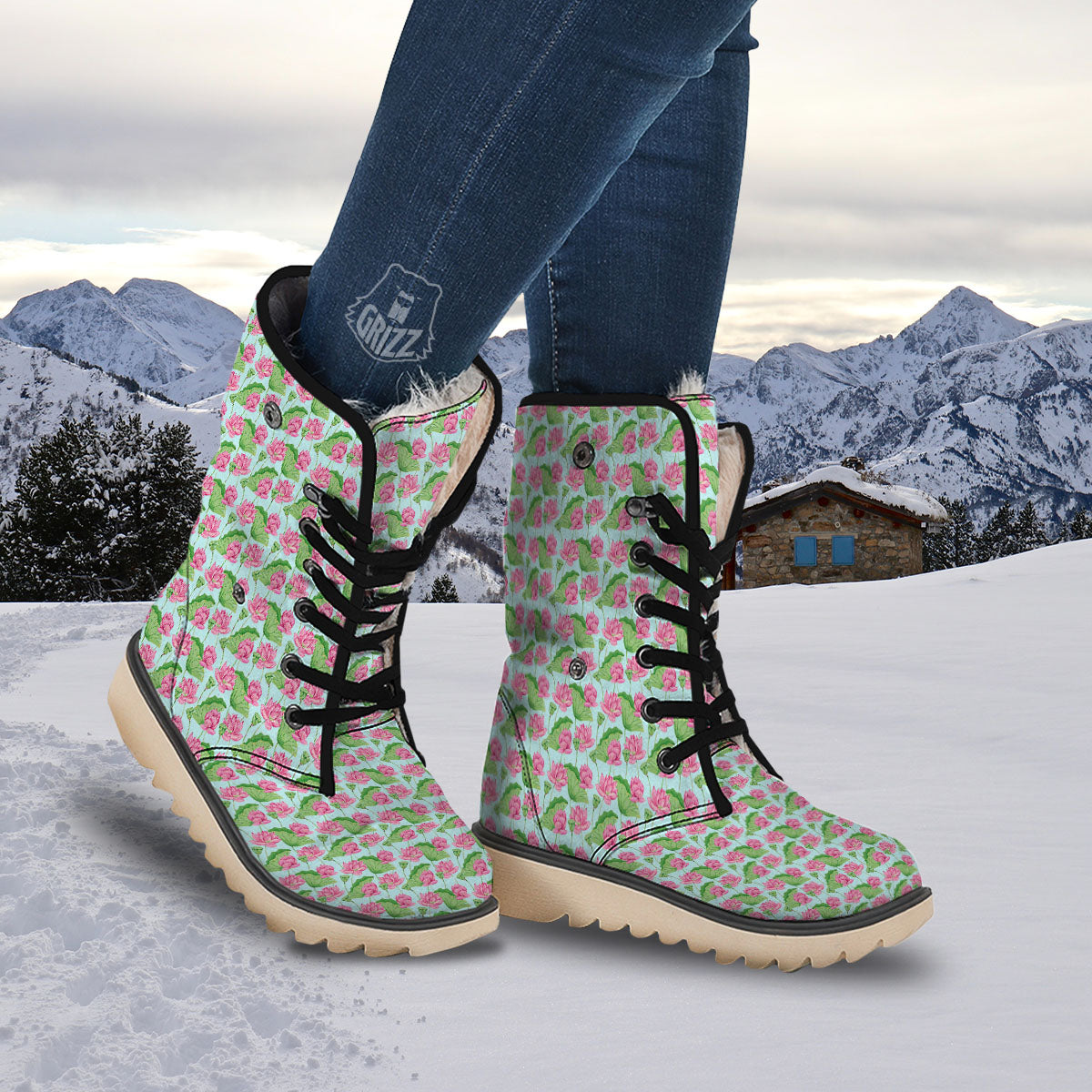 Lotus Leaf And Flower On The Water Print Pattern Snow Boots-grizzshop