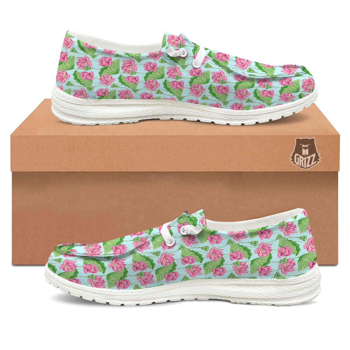 Lotus Leaf And Flower On The Water Print Pattern White Loafers-grizzshop