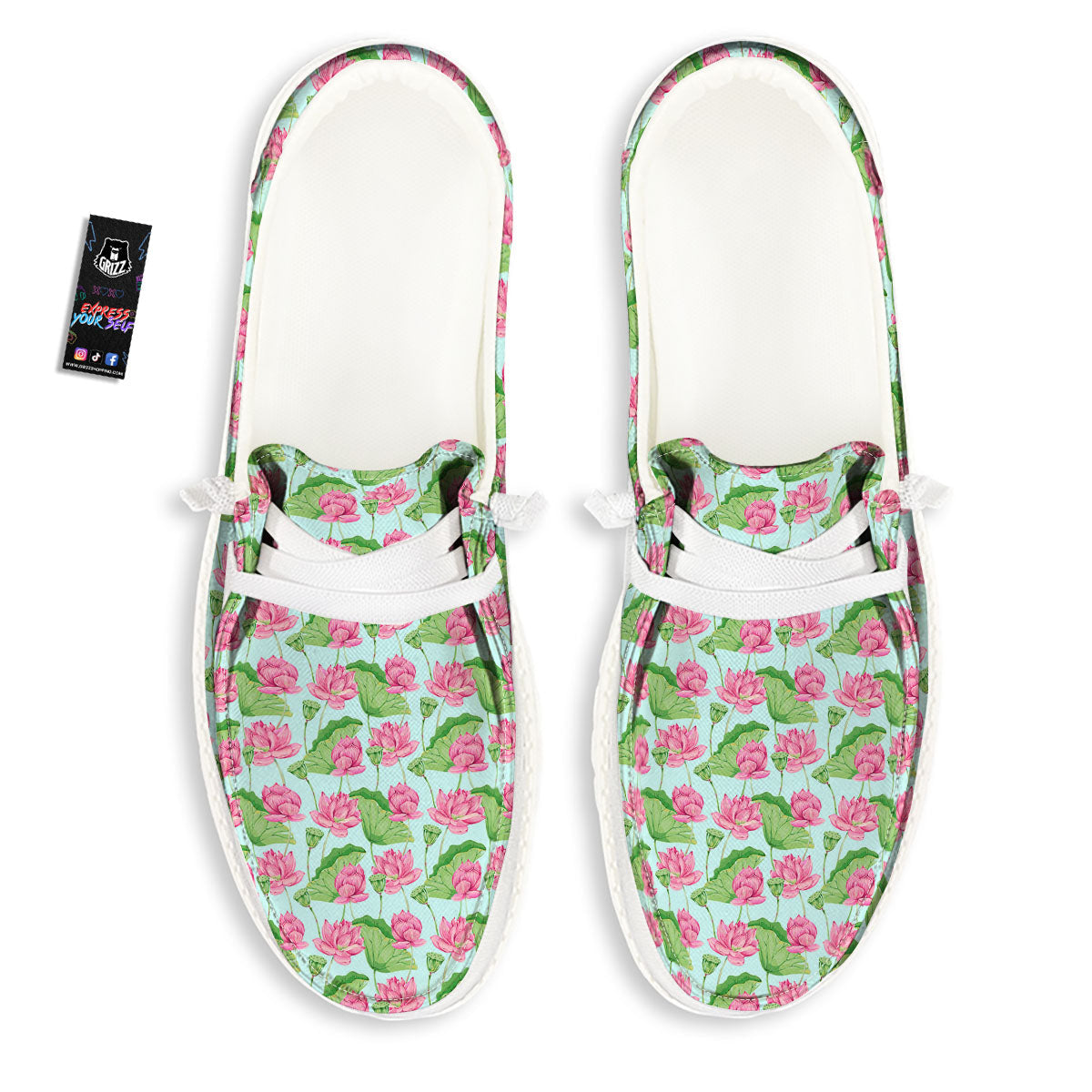 Lotus Leaf And Flower On The Water Print Pattern White Loafers-grizzshop