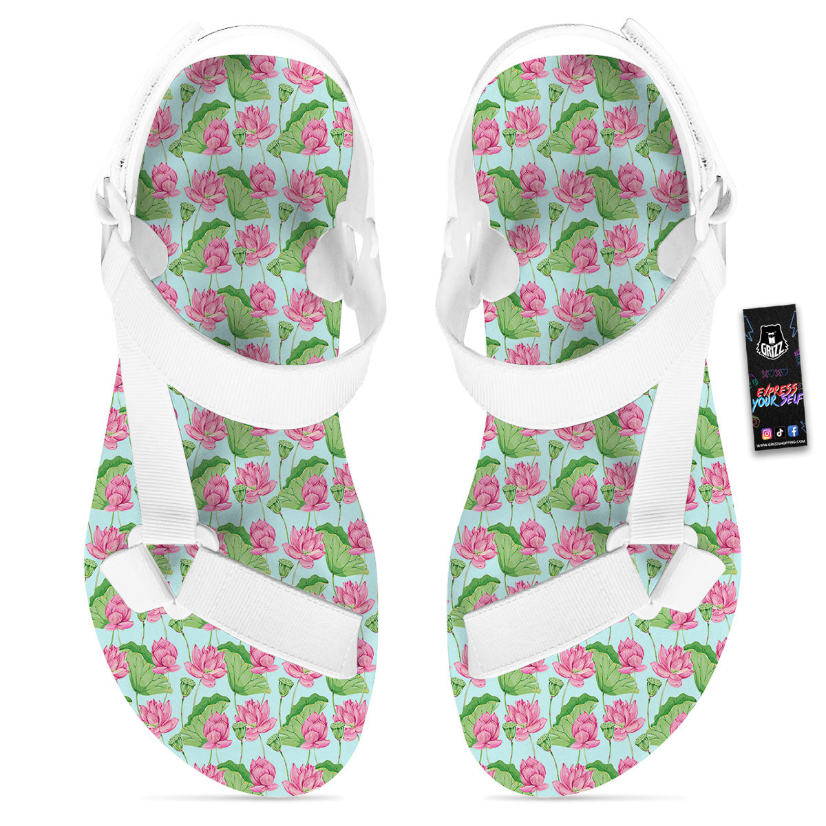 Lotus Leaf And Flower On The Water Print Pattern White Open Toe Sandals-grizzshop