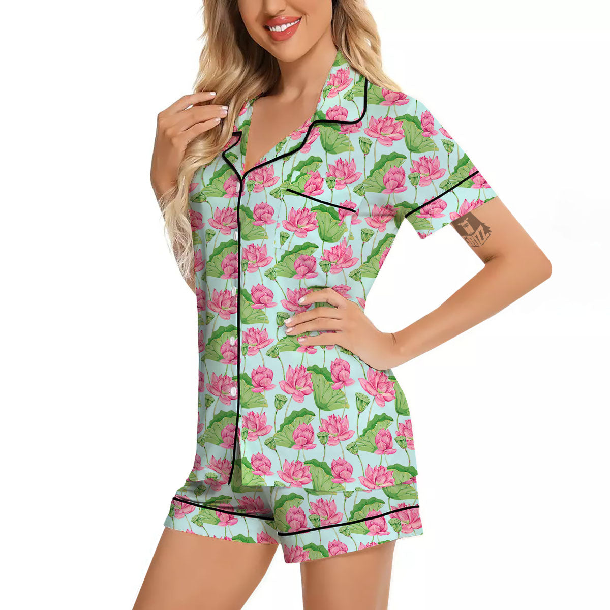 Lotus Leaf And Flower On The Water Print Pattern Women Silk Pajamas-grizzshop