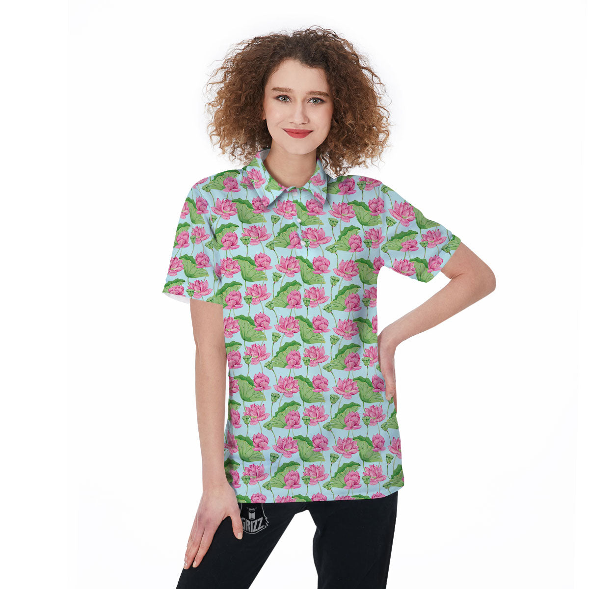Lotus Leaf And Flower On The Water Print Pattern Women's Golf Shirts-grizzshop