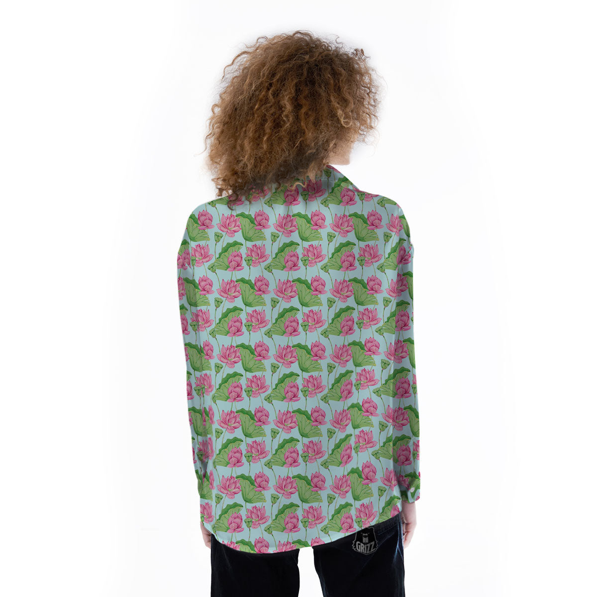 Lotus Leaf And Flower On The Water Print Pattern Women's Long Sleeve Shirts-grizzshop