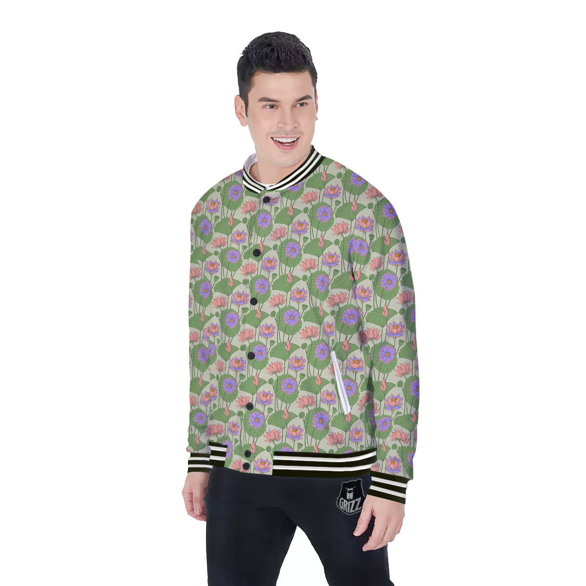 Lotus Leaf And Flower Print Pattern Baseball Jacket-grizzshop