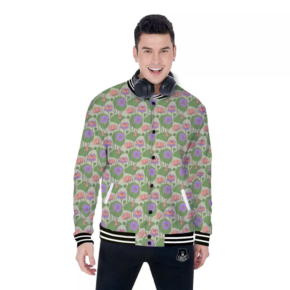 Lotus Leaf And Flower Print Pattern Baseball Jacket-grizzshop