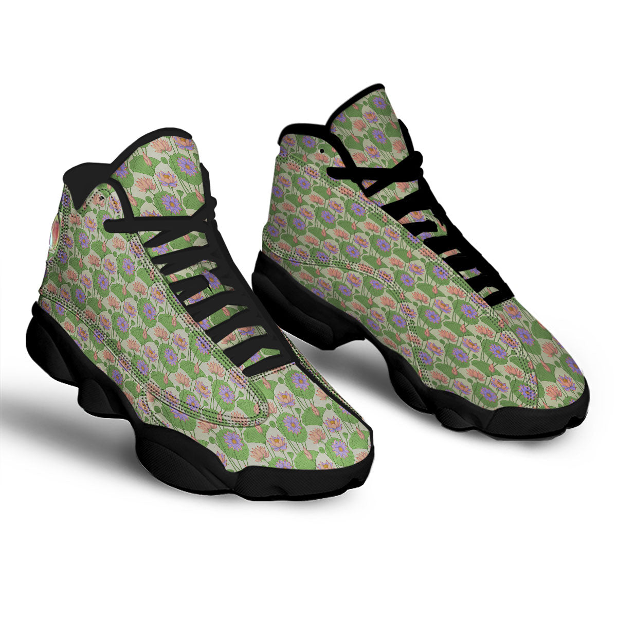 Lotus Leaf And Flower Print Pattern Black Basketball Shoes-grizzshop
