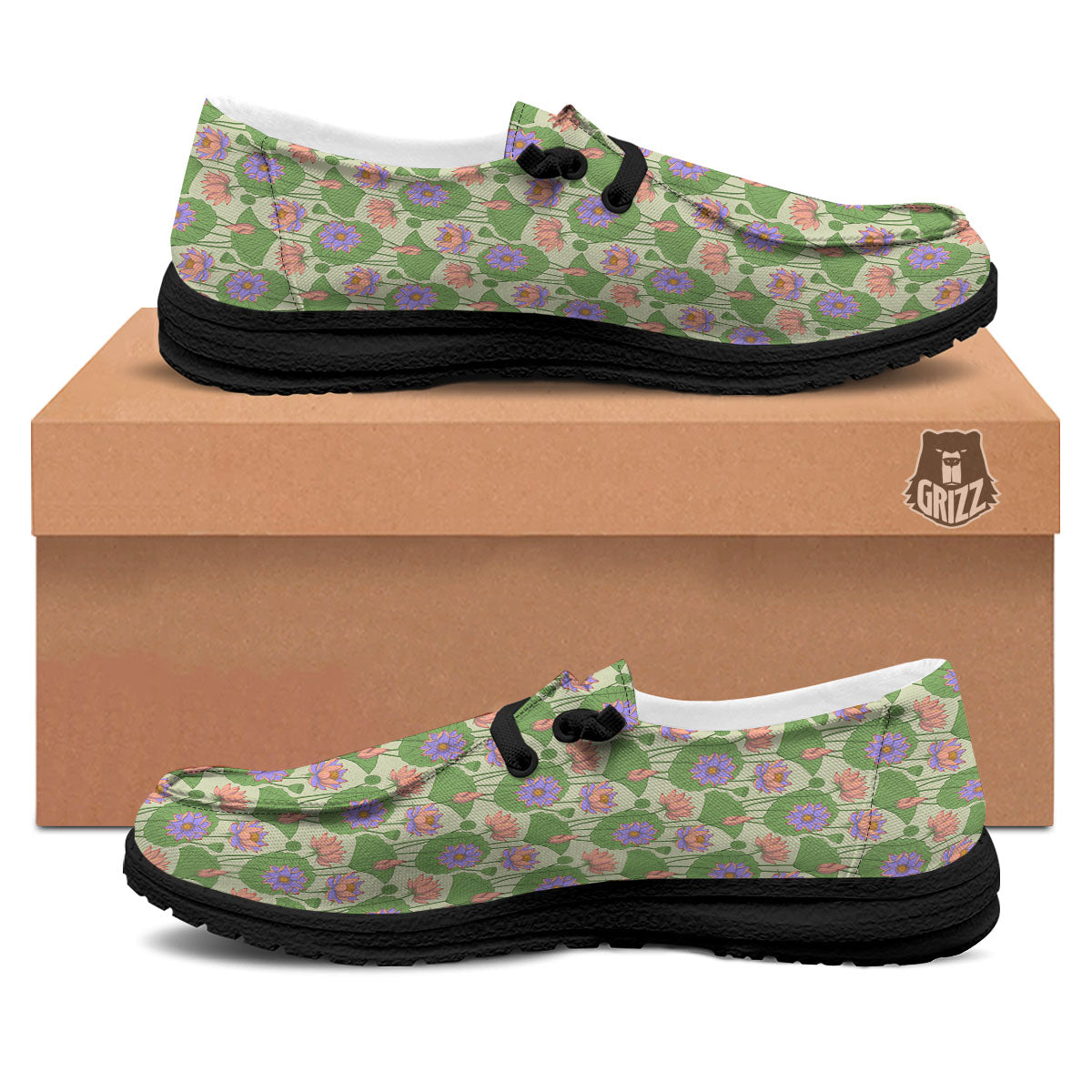 Lotus Leaf And Flower Print Pattern Black Loafers-grizzshop