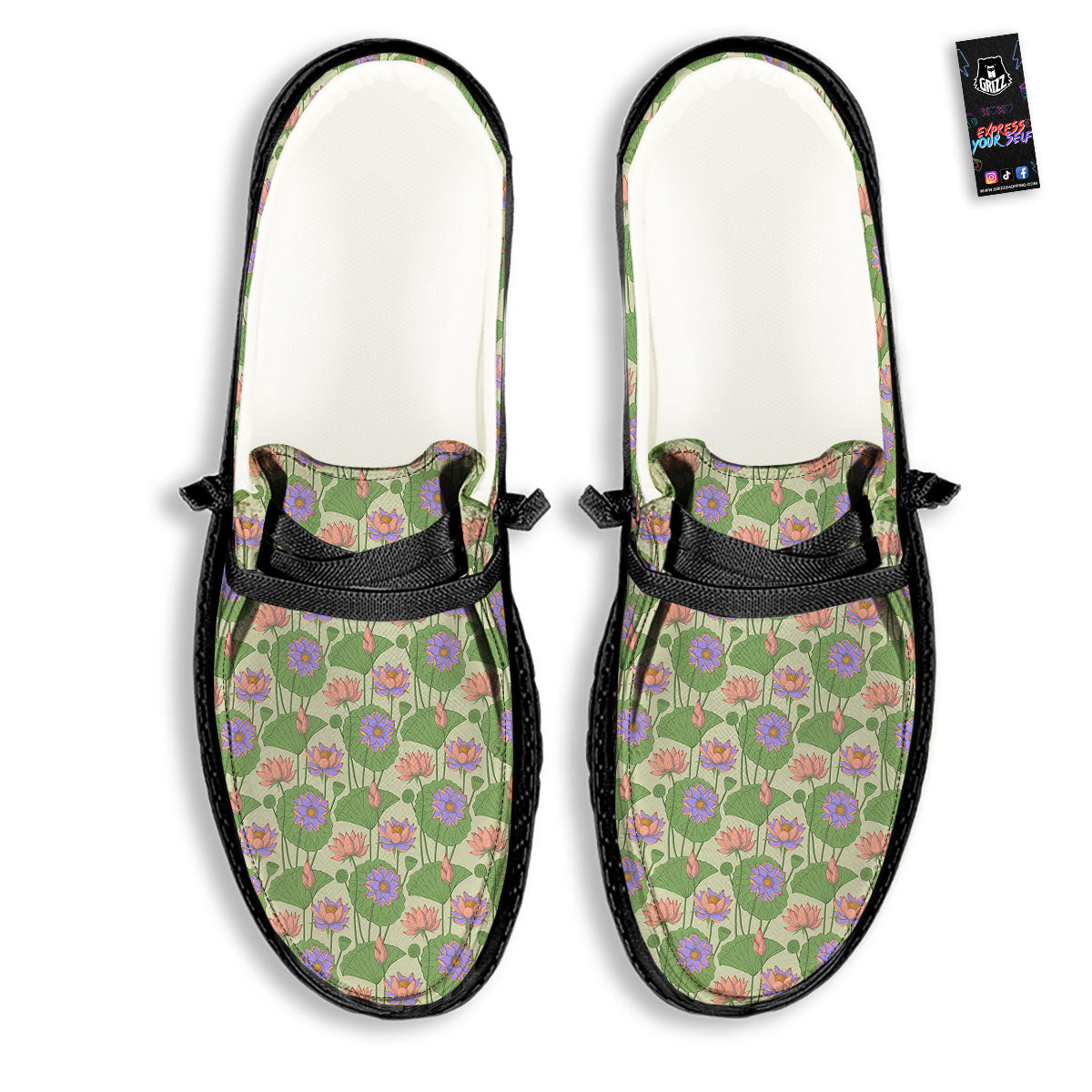 Lotus Leaf And Flower Print Pattern Black Loafers-grizzshop