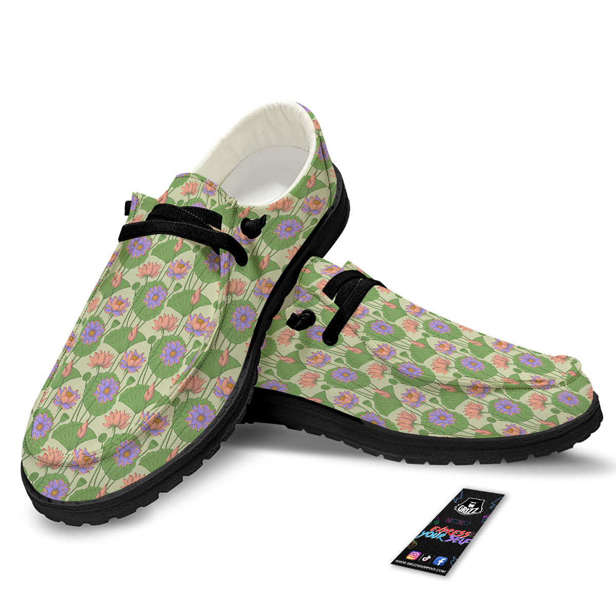 Lotus Leaf And Flower Print Pattern Black Loafers-grizzshop