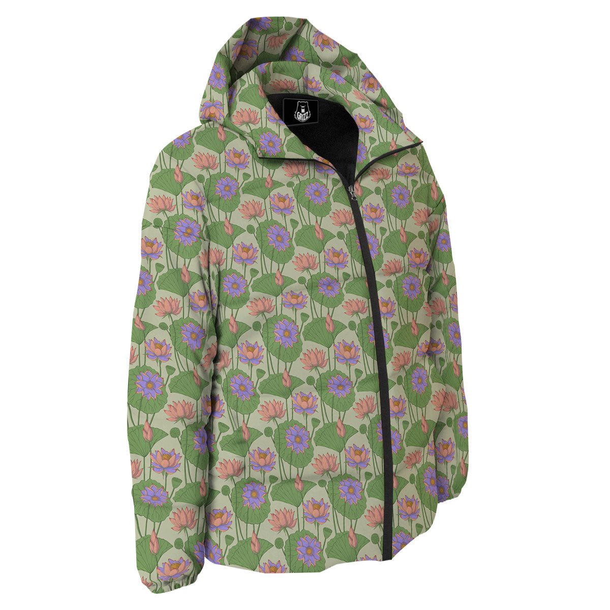 Lotus Leaf And Flower Print Pattern Down Jacket-grizzshop