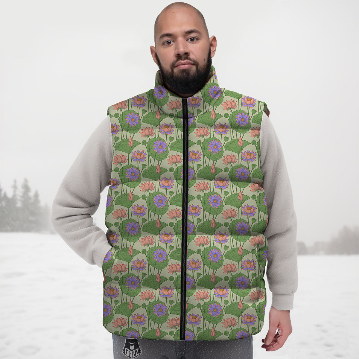 Lotus Leaf And Flower Print Pattern Down Vest-grizzshop