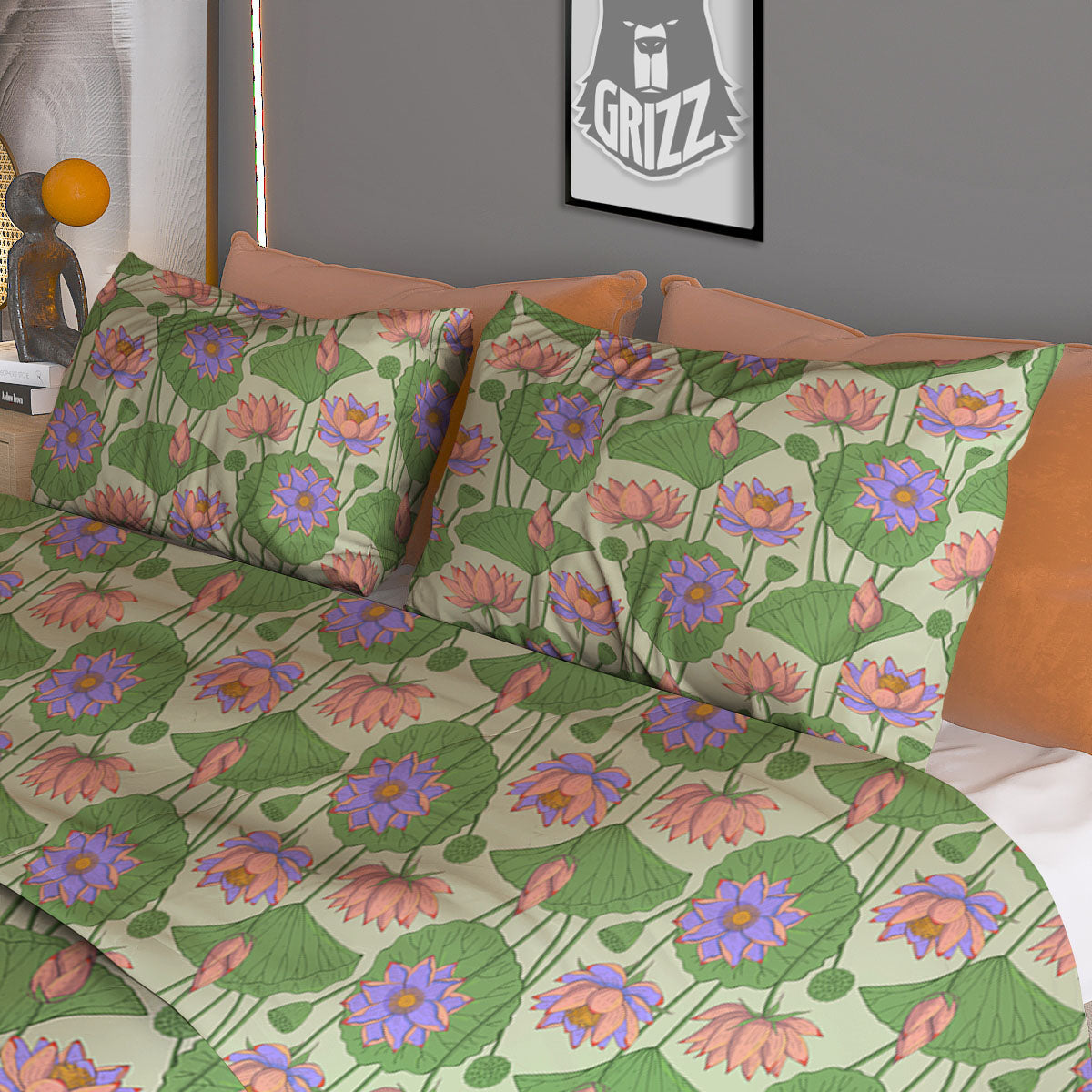 Lotus Leaf And Flower Print Pattern Duvet Cover Bedding Set
