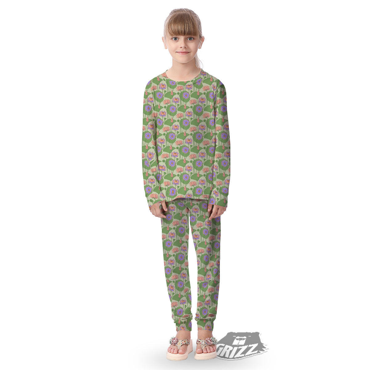 Lotus Leaf And Flower Print Pattern Kid's Pajamas-grizzshop
