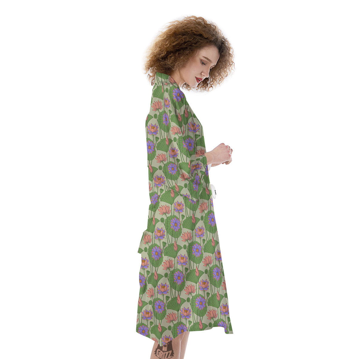Lotus Leaf And Flower Print Pattern Kimono-grizzshop