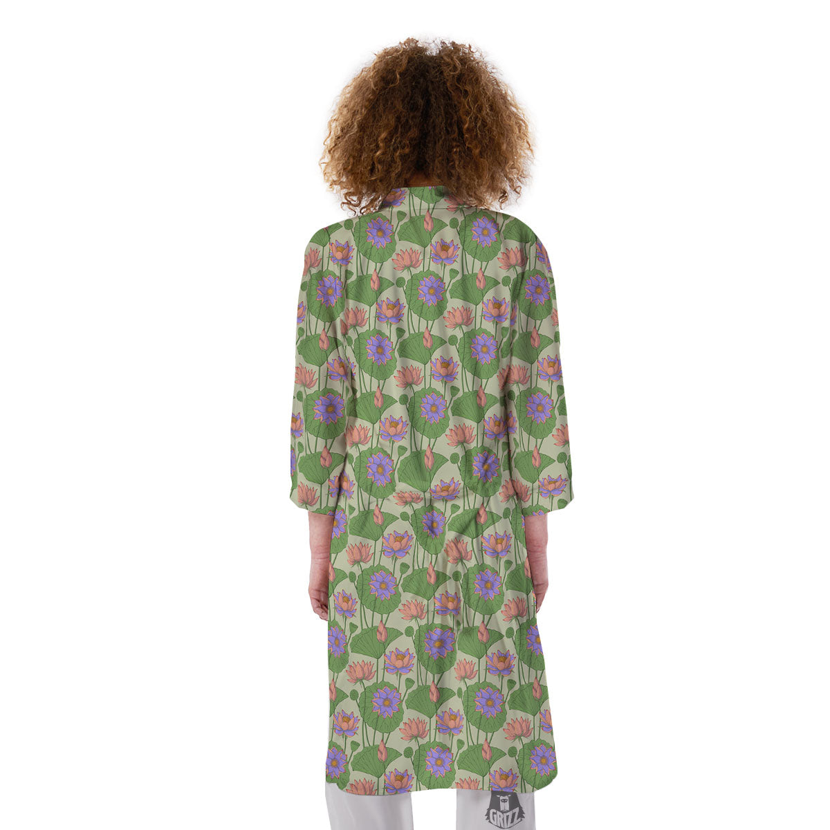 Lotus Leaf And Flower Print Pattern Kimono-grizzshop