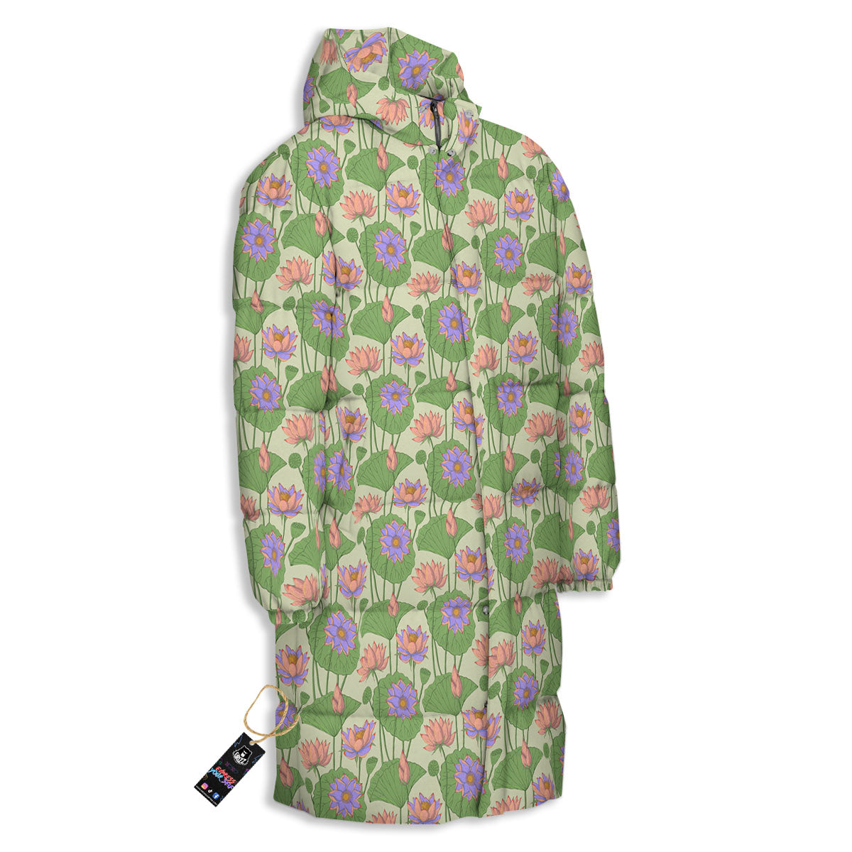 Lotus Leaf And Flower Print Pattern Long Down Jacket-grizzshop