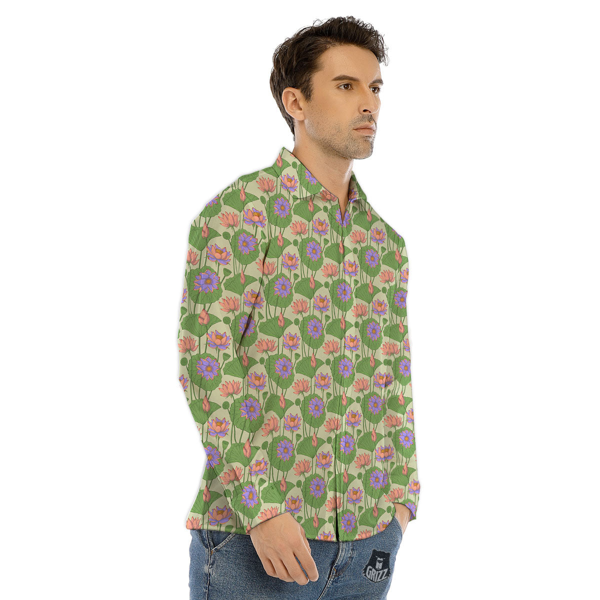 Lotus Leaf And Flower Print Pattern Men's Dress Shirts-grizzshop