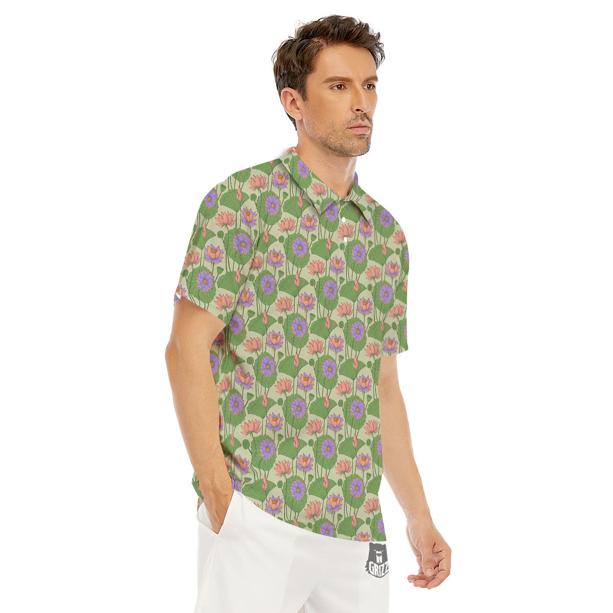Lotus Leaf And Flower Print Pattern Men's Golf Shirts-grizzshop