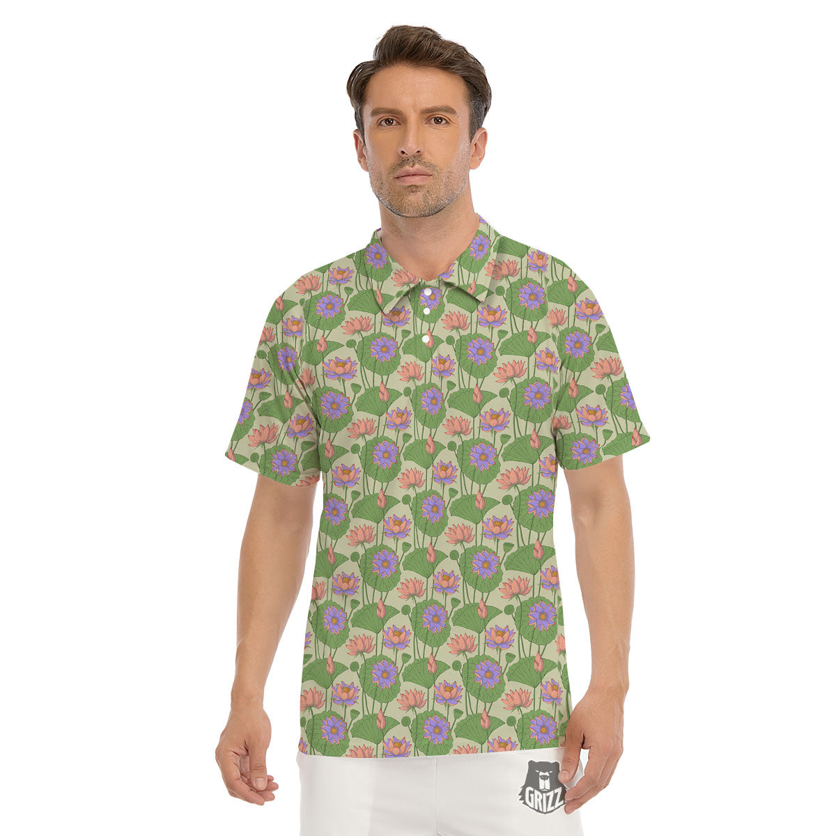 Lotus Leaf And Flower Print Pattern Men's Golf Shirts-grizzshop