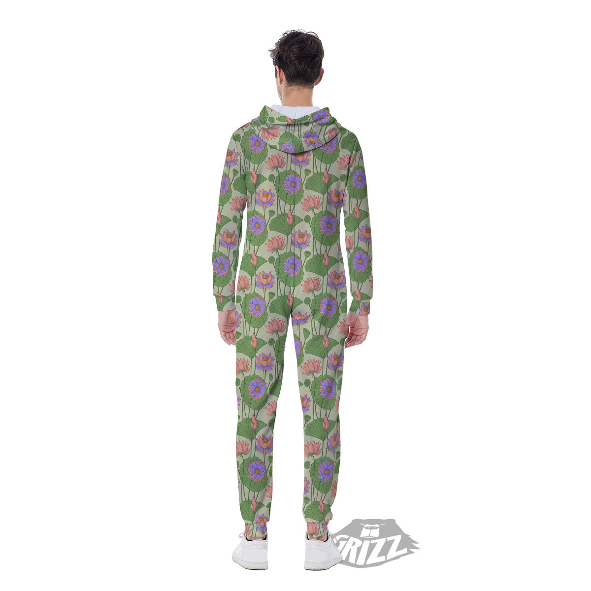 Lotus Leaf And Flower Print Pattern Men's Jumpsuit-grizzshop