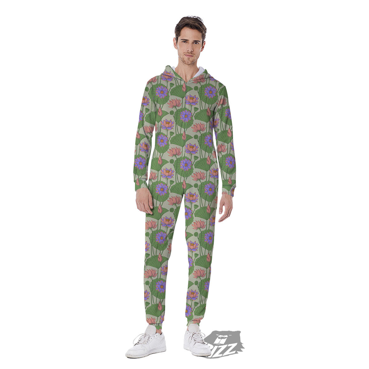 Lotus Leaf And Flower Print Pattern Men's Jumpsuit-grizzshop