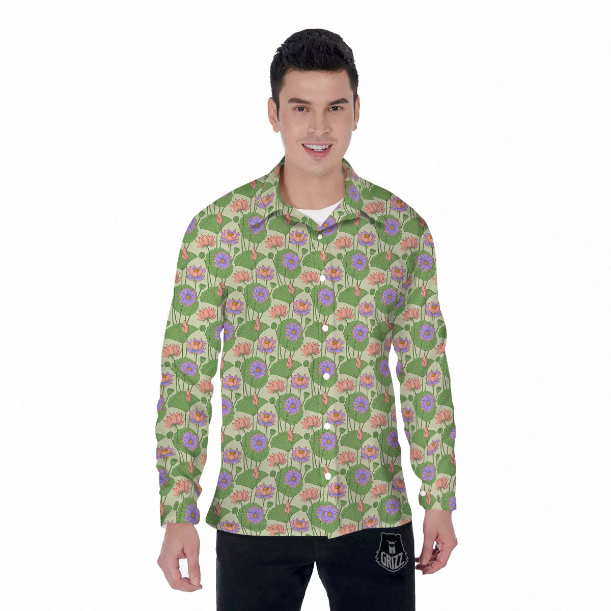 Lotus Leaf And Flower Print Pattern Men's Long Sleeve Shirts-grizzshop