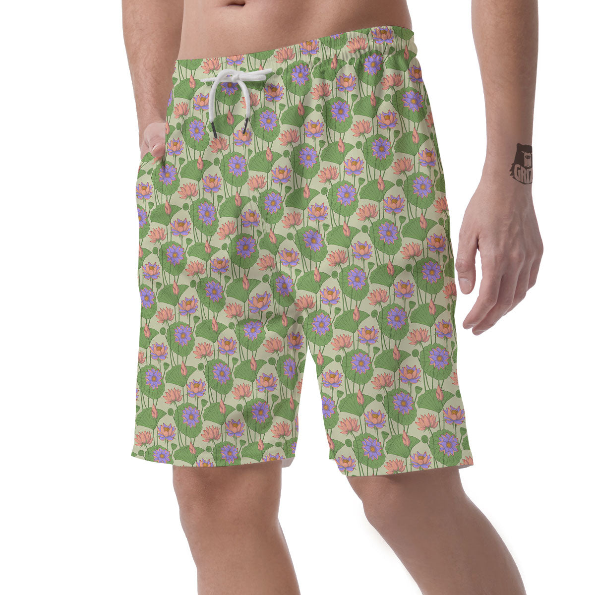 Lotus Leaf And Flower Print Pattern Men's Shorts-grizzshop