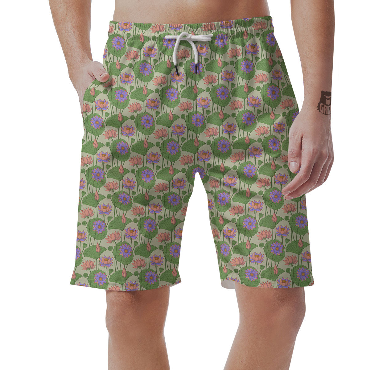 Lotus Leaf And Flower Print Pattern Men's Shorts-grizzshop