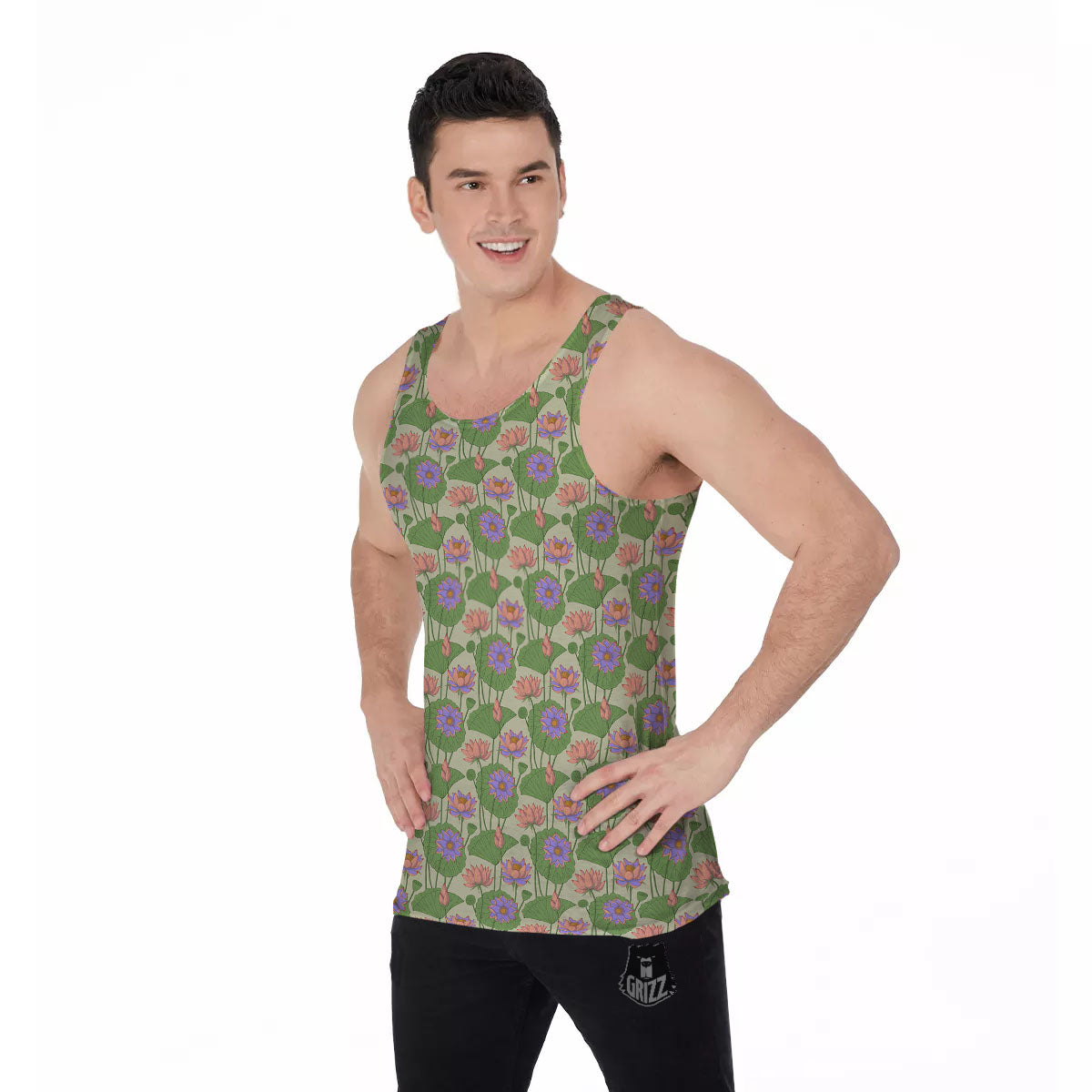 Lotus Leaf And Flower Print Pattern Men's Tank Top-grizzshop