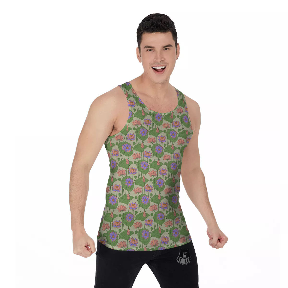Lotus Leaf And Flower Print Pattern Men's Tank Top-grizzshop
