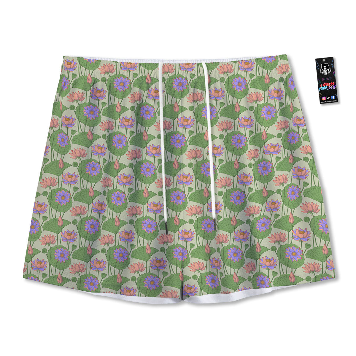 Lotus Leaf And Flower Print Pattern Mesh Shorts-grizzshop
