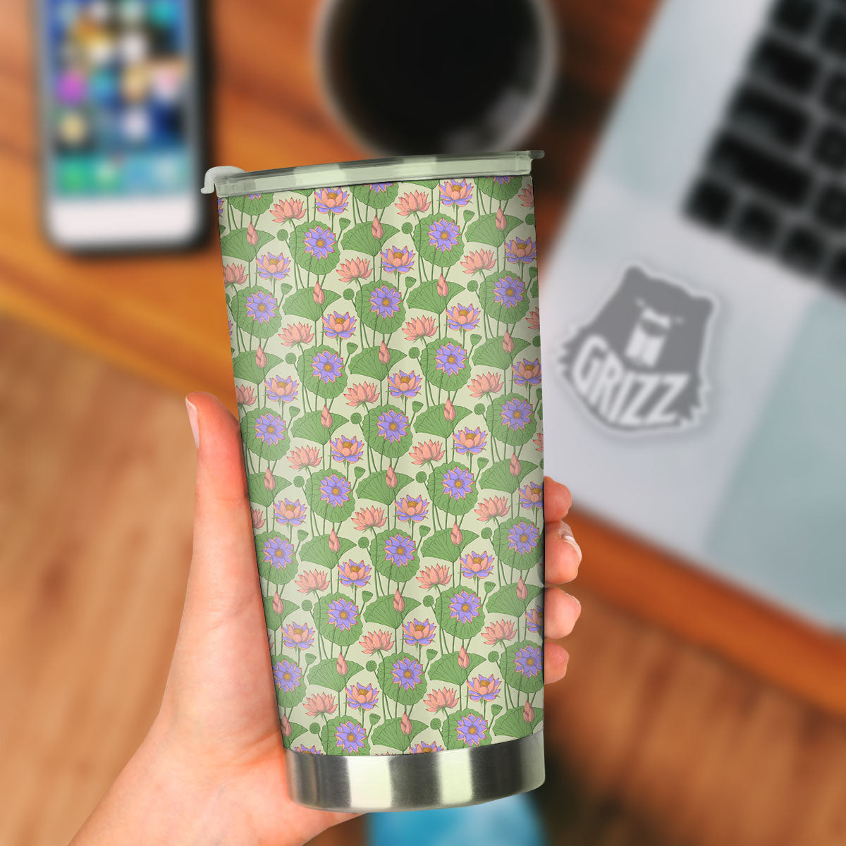 Lotus Leaf And Flower Print Pattern Tumbler-grizzshop