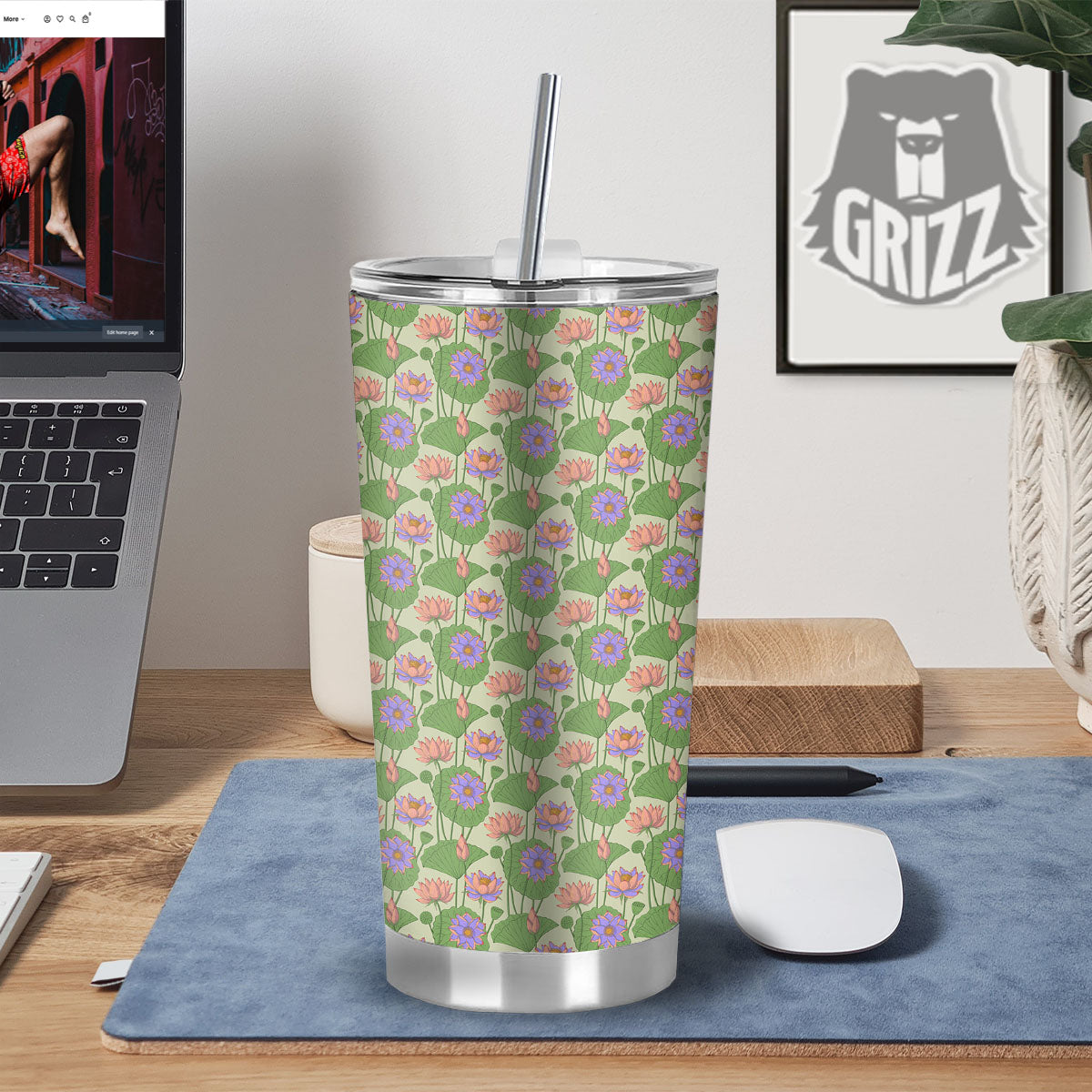 Lotus Leaf And Flower Print Pattern Tumbler-grizzshop
