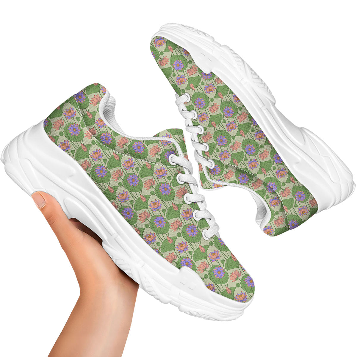 Lotus Leaf And Flower Print Pattern White Chunky Shoes-grizzshop