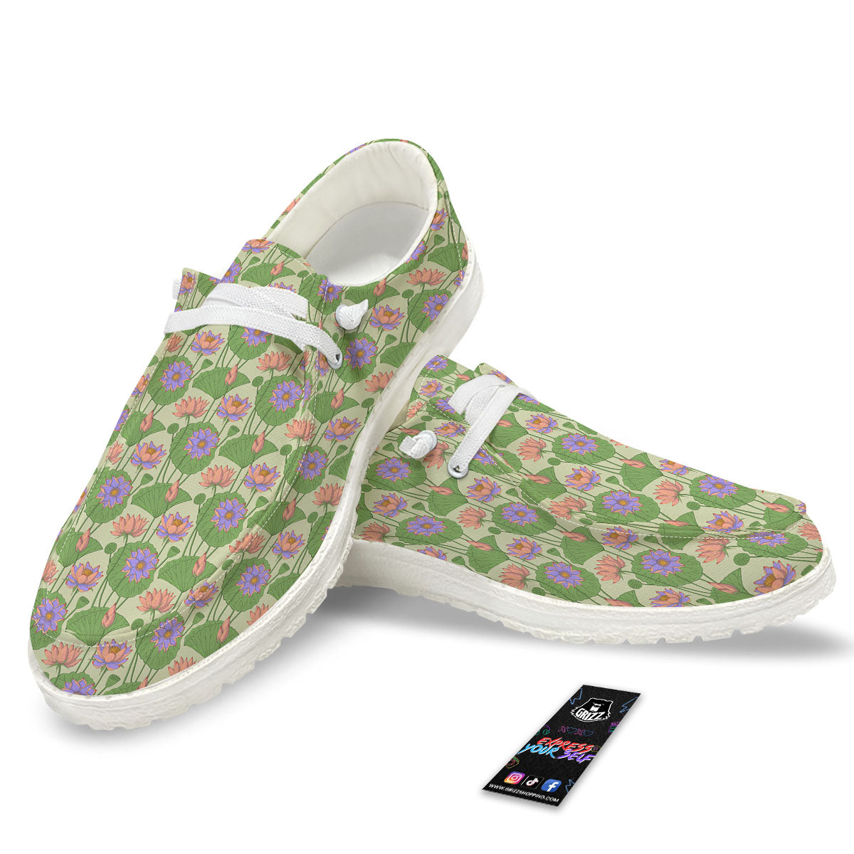 Lotus Leaf And Flower Print Pattern White Loafers-grizzshop