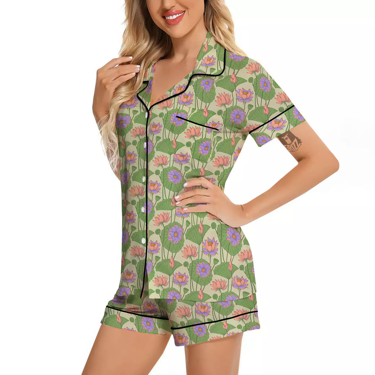 Lotus Leaf And Flower Print Pattern Women Silk Pajamas-grizzshop