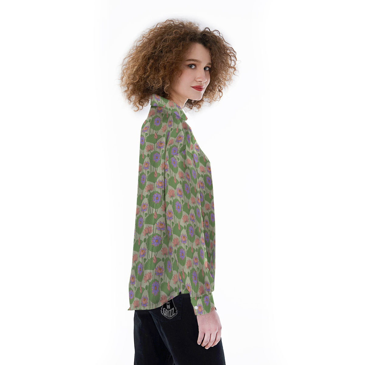 Lotus Leaf And Flower Print Pattern Women's Long Sleeve Shirts-grizzshop