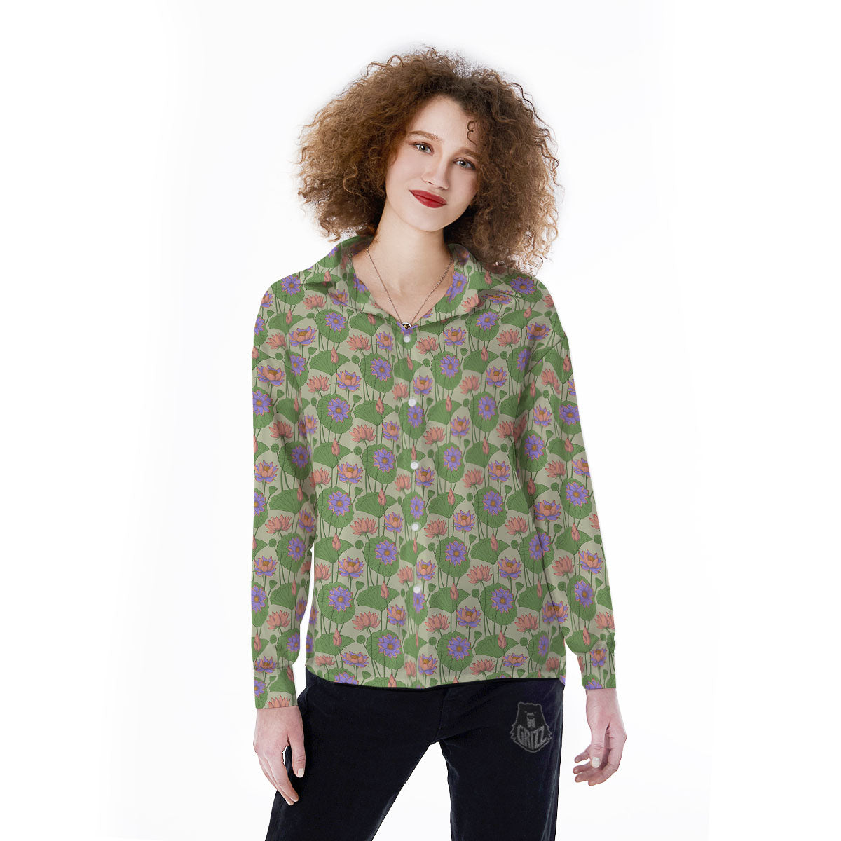 Lotus Leaf And Flower Print Pattern Women's Long Sleeve Shirts-grizzshop