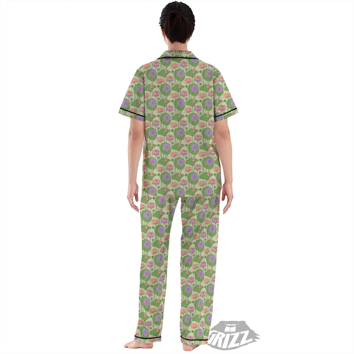 Lotus Leaf And Flower Print Pattern Women's Pajamas Set-grizzshop