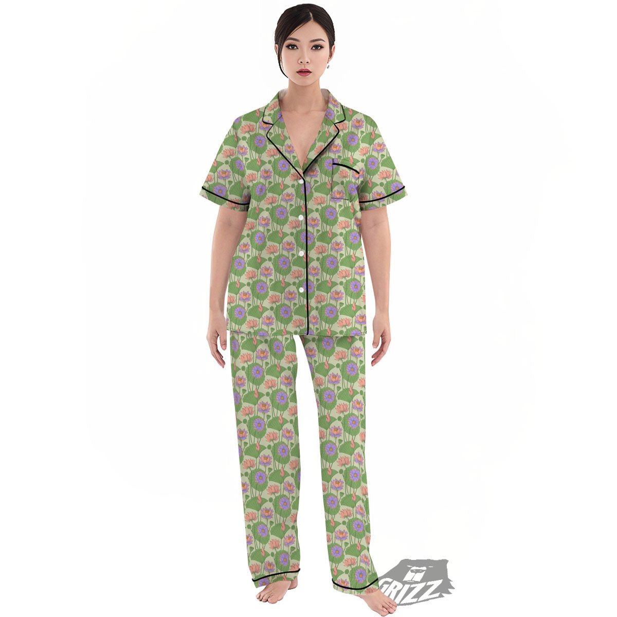 Lotus Leaf And Flower Print Pattern Women's Pajamas Set-grizzshop