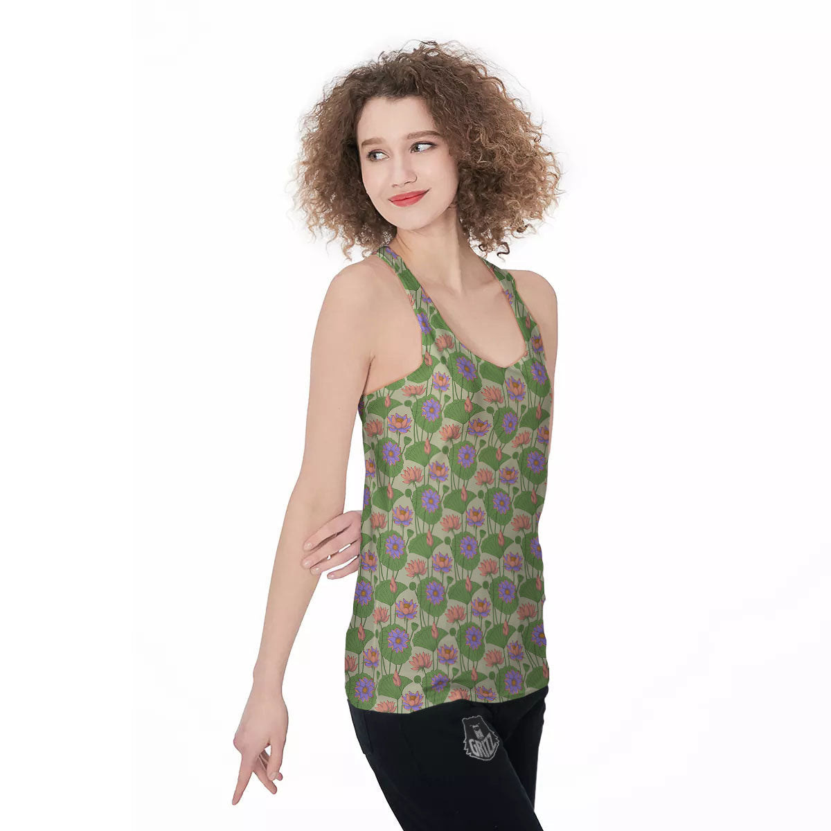 Lotus Leaf And Flower Print Pattern Women's Racerback Tank Top-grizzshop