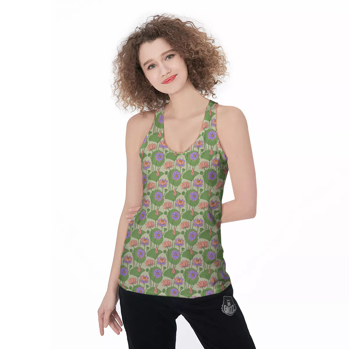 Lotus Leaf And Flower Print Pattern Women's Racerback Tank Top-grizzshop