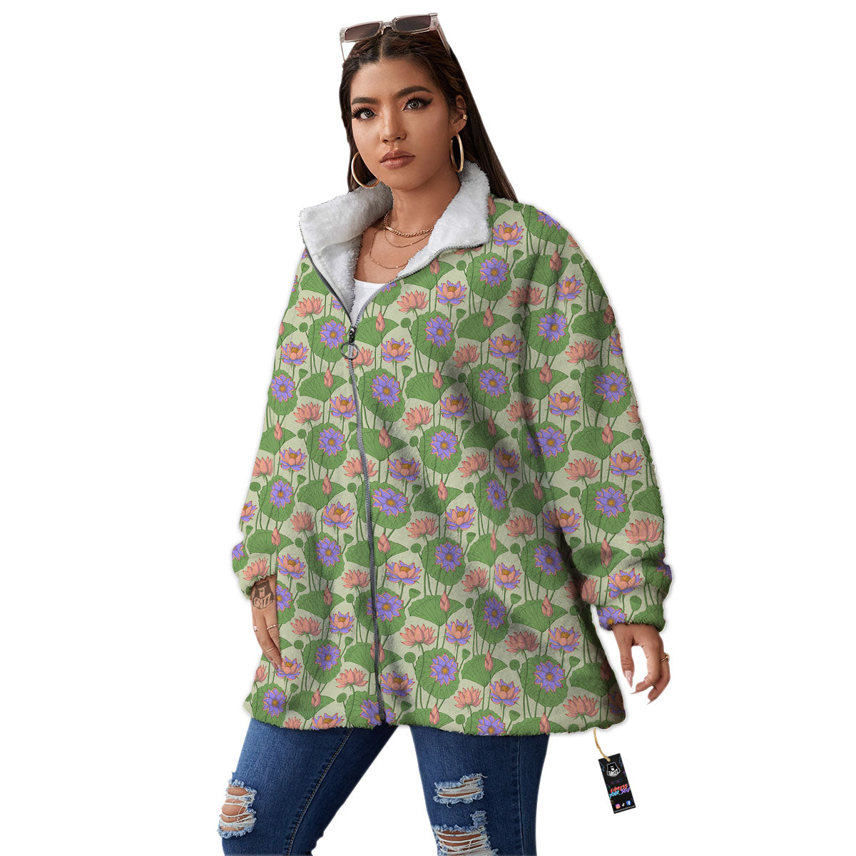Lotus Leaf And Flower Print Pattern Women's Sherpa Jacket-grizzshop