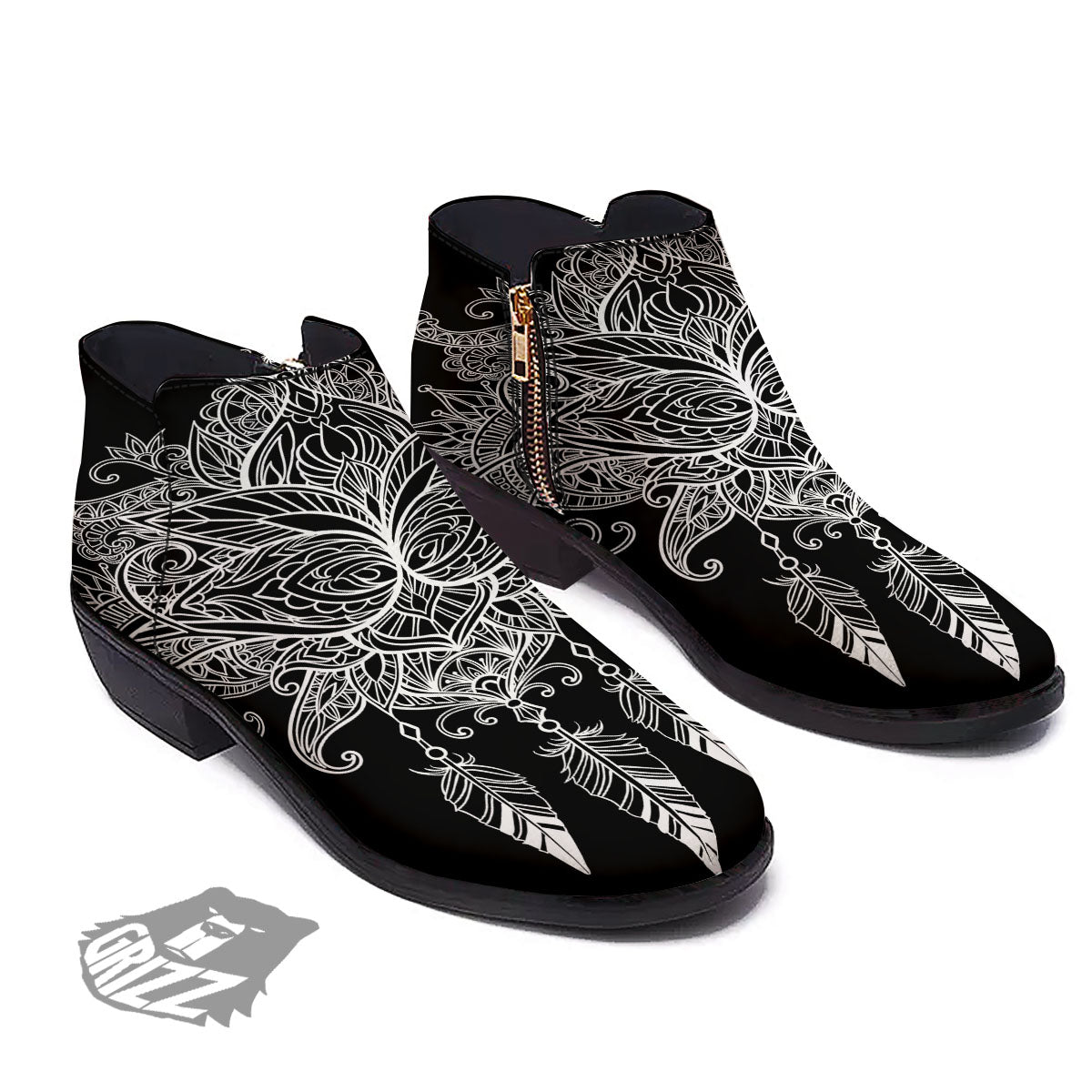 Lotus Mandala White And Black Print Ankle Boots-grizzshop