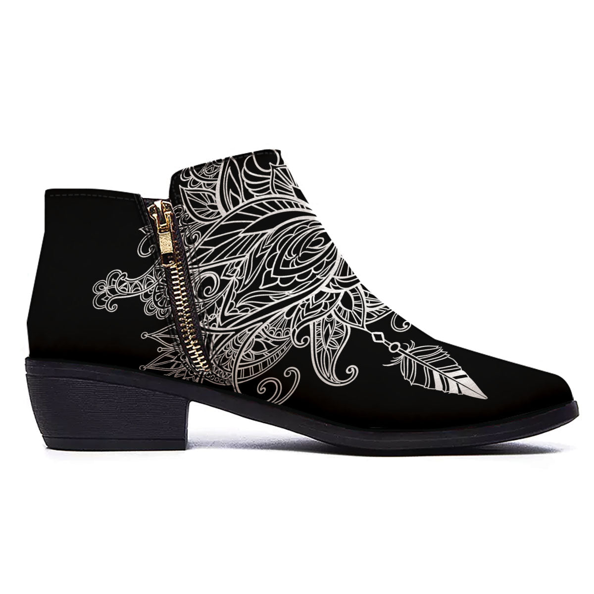 Lotus Mandala White And Black Print Ankle Boots-grizzshop