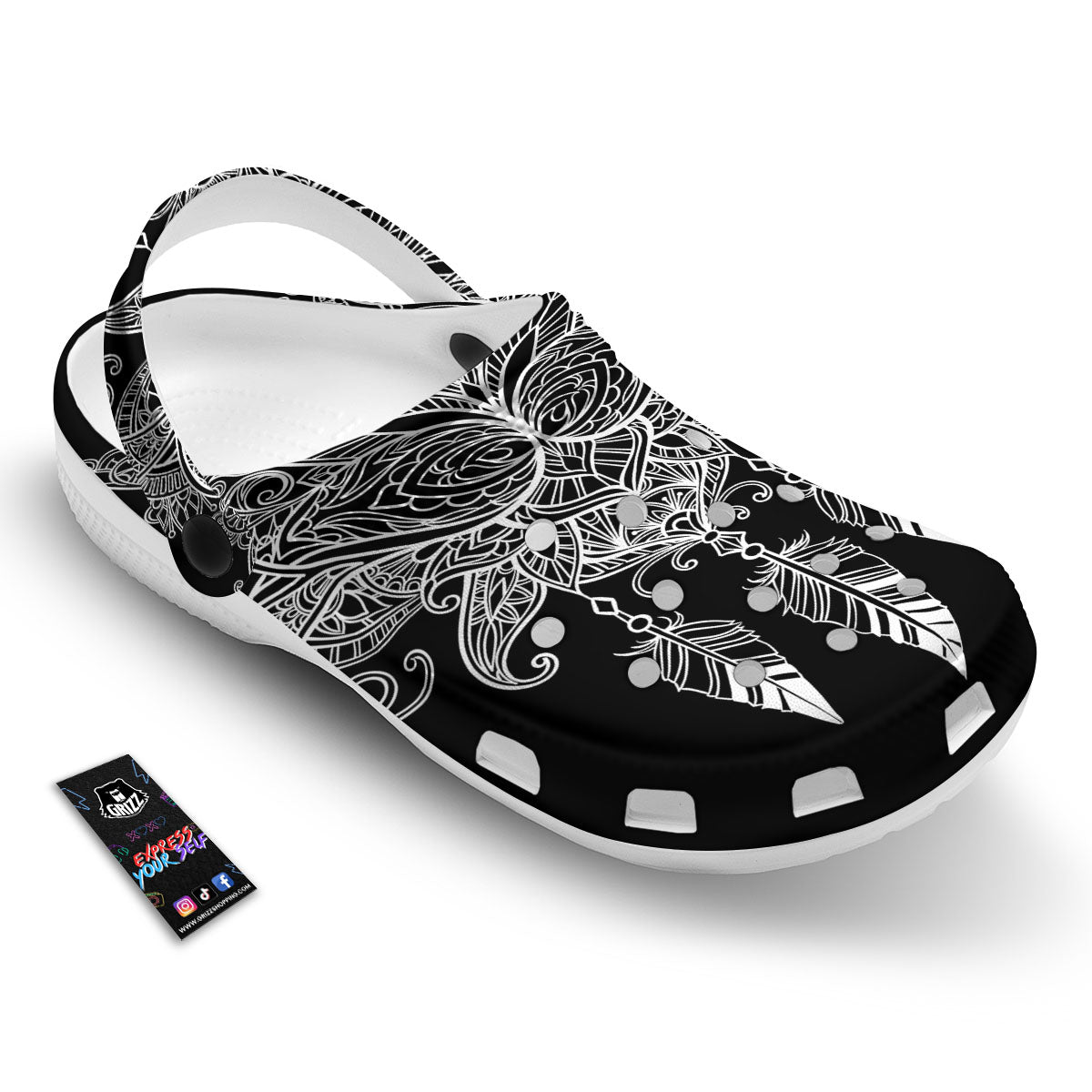 Lotus Mandala White And Black Print Clog-grizzshop