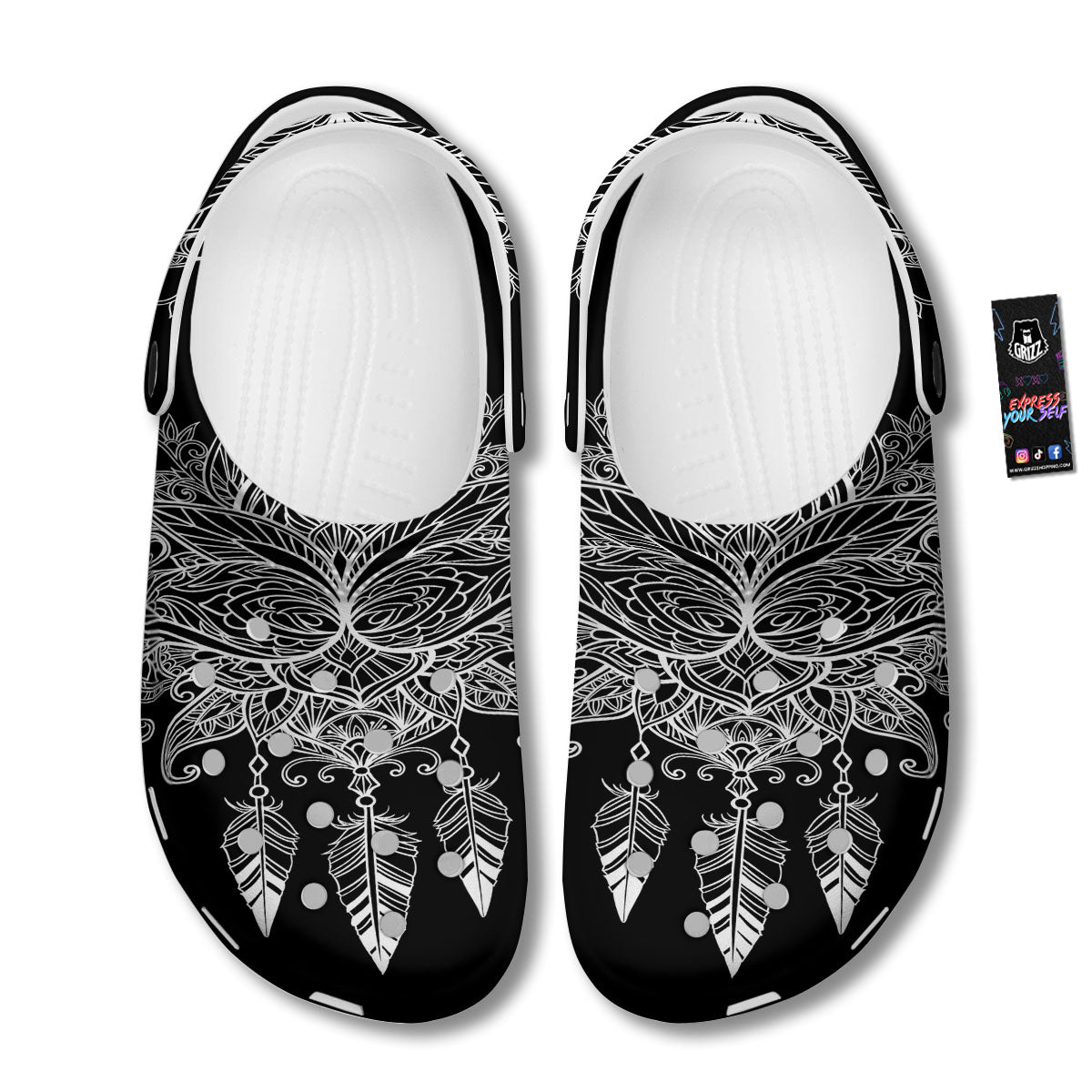 Lotus Mandala White And Black Print Clog-grizzshop