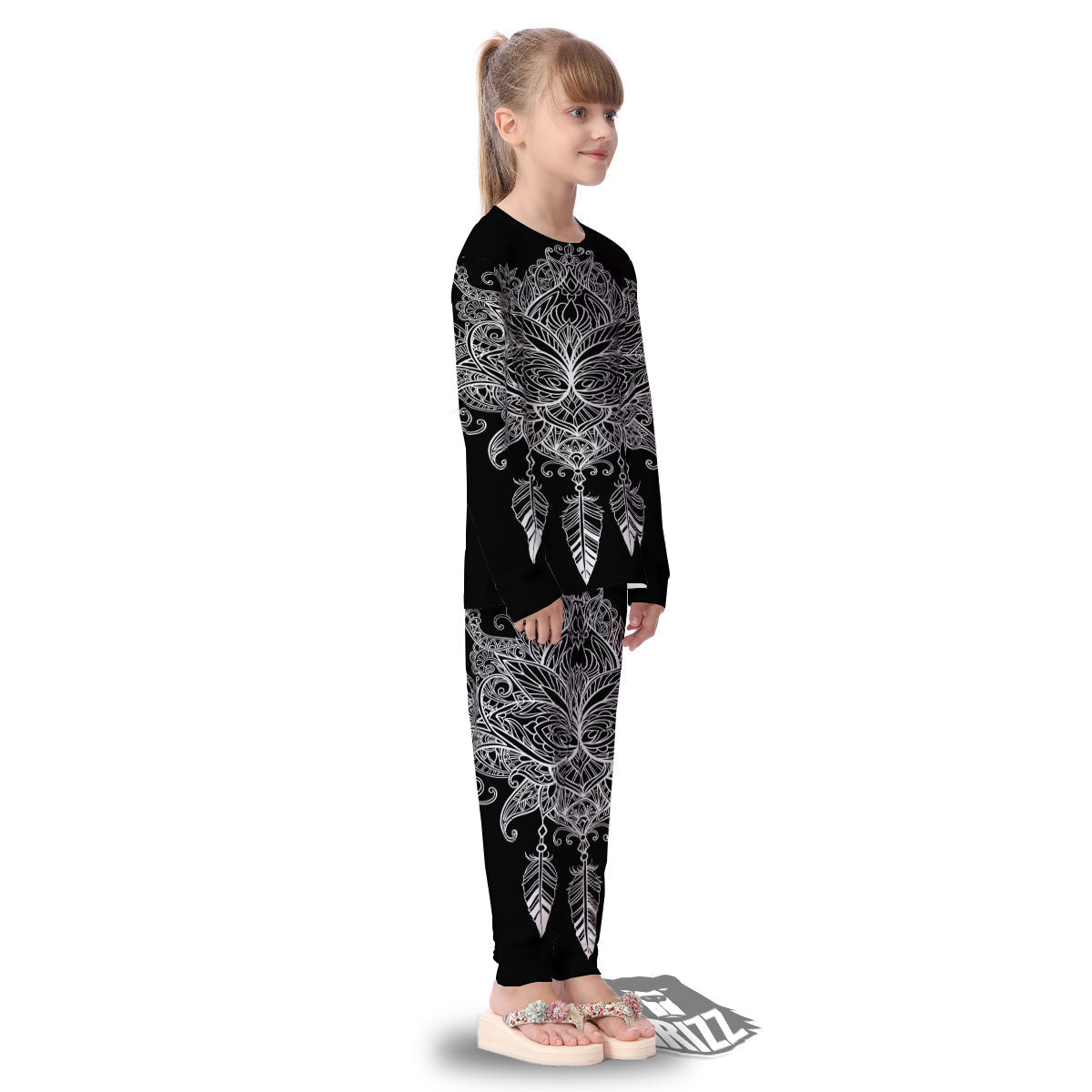 Lotus Mandala White And Black Print Kid's Pajamas-grizzshop